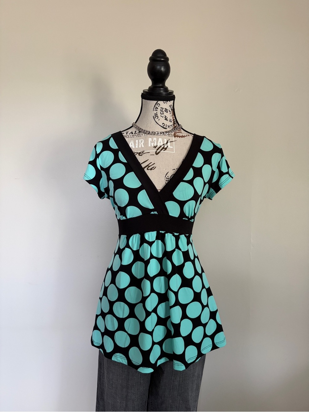 Y2K 2000’s Teal Aqua Black Polka Dot Babydoll V-Neck Tie Back Top